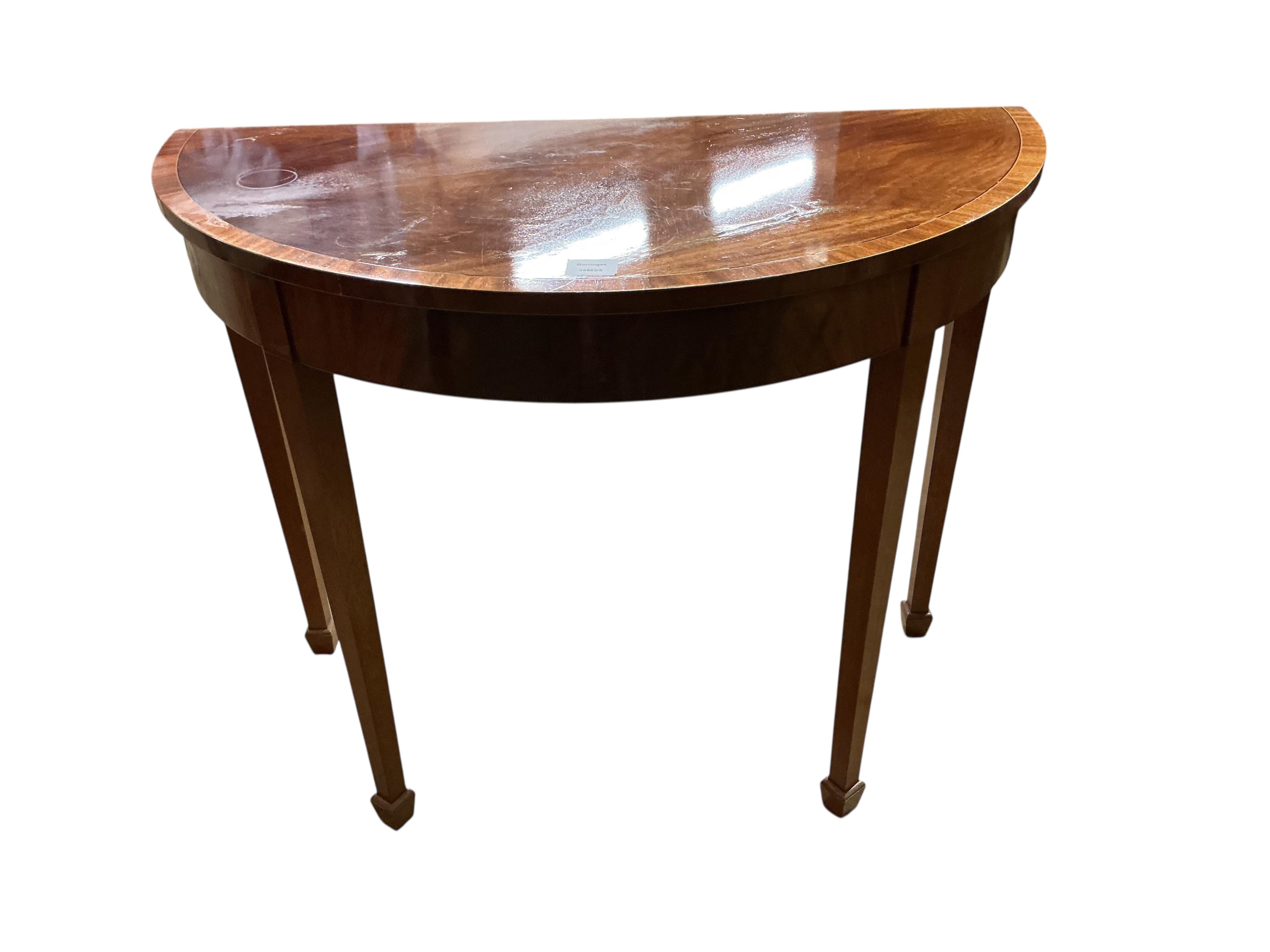A George III style banded mahogany demi-lune side table, width 92cm, depth 46cm, height 74cm